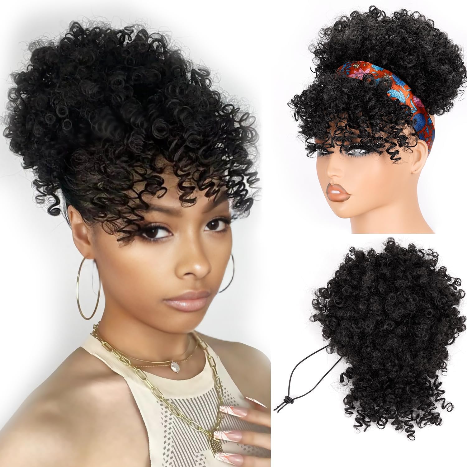 Drawstring Afro Curly Puff Ponytail - Short Drawstring Ponytail with Bangs Afro