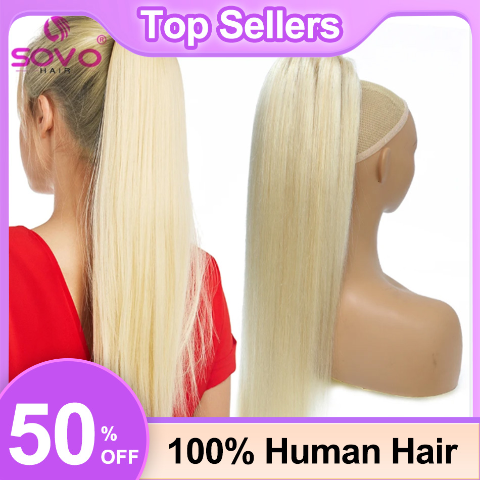 Seamless Clip In Hair Extensions Human Hair - SOVO Thẳng Dây Rút Đuôi Ngựa