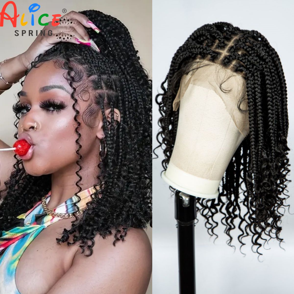 Synthetic Braided Wigs For Black Women - Knotless Box Braided Wigs with Curly